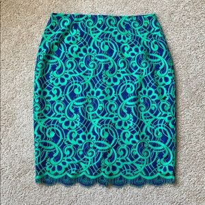 Lilly Pulitzer blue and green lace pencil skirt 8